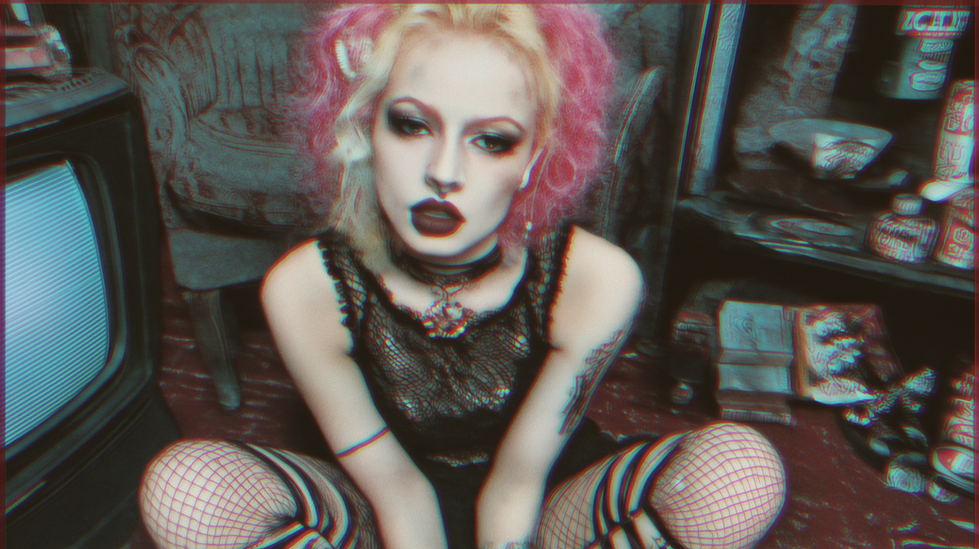 a blonde punk woman sits by a TV