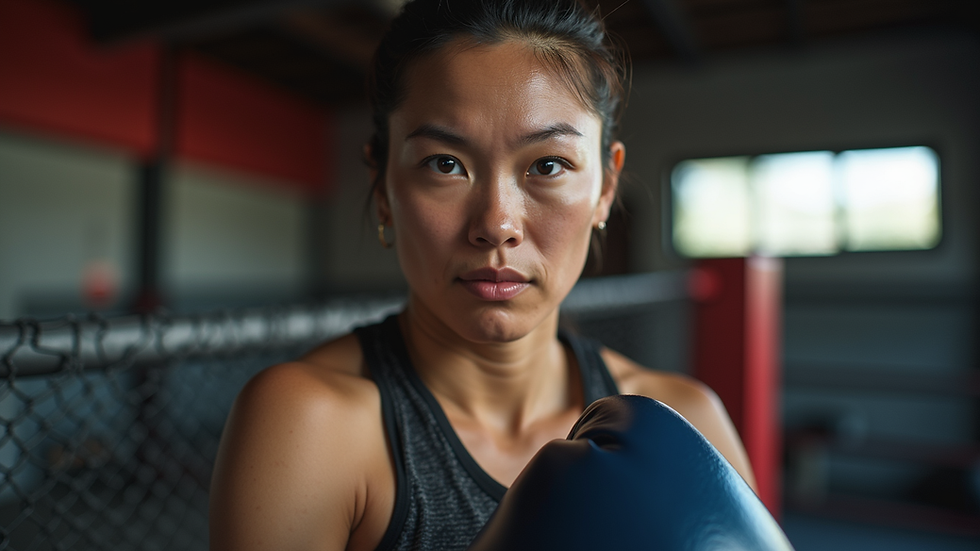 Close-up view of a female Muay Thai fighter training in a gym