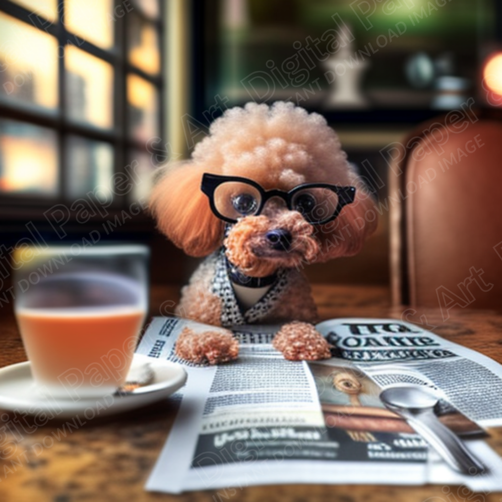 Poodle Puppy Reading Newspaper - Stock Image
