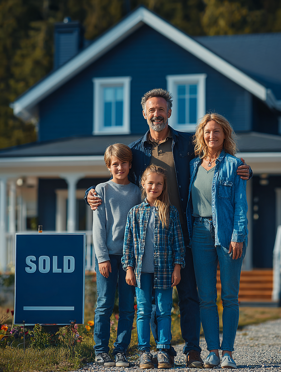Family standing by SOLD sign in front of new home — how Indexed Universal Life (IUL) cash value and policy loans can support mortgage protection, help pay off the mortgage, and protect income to keep the home.