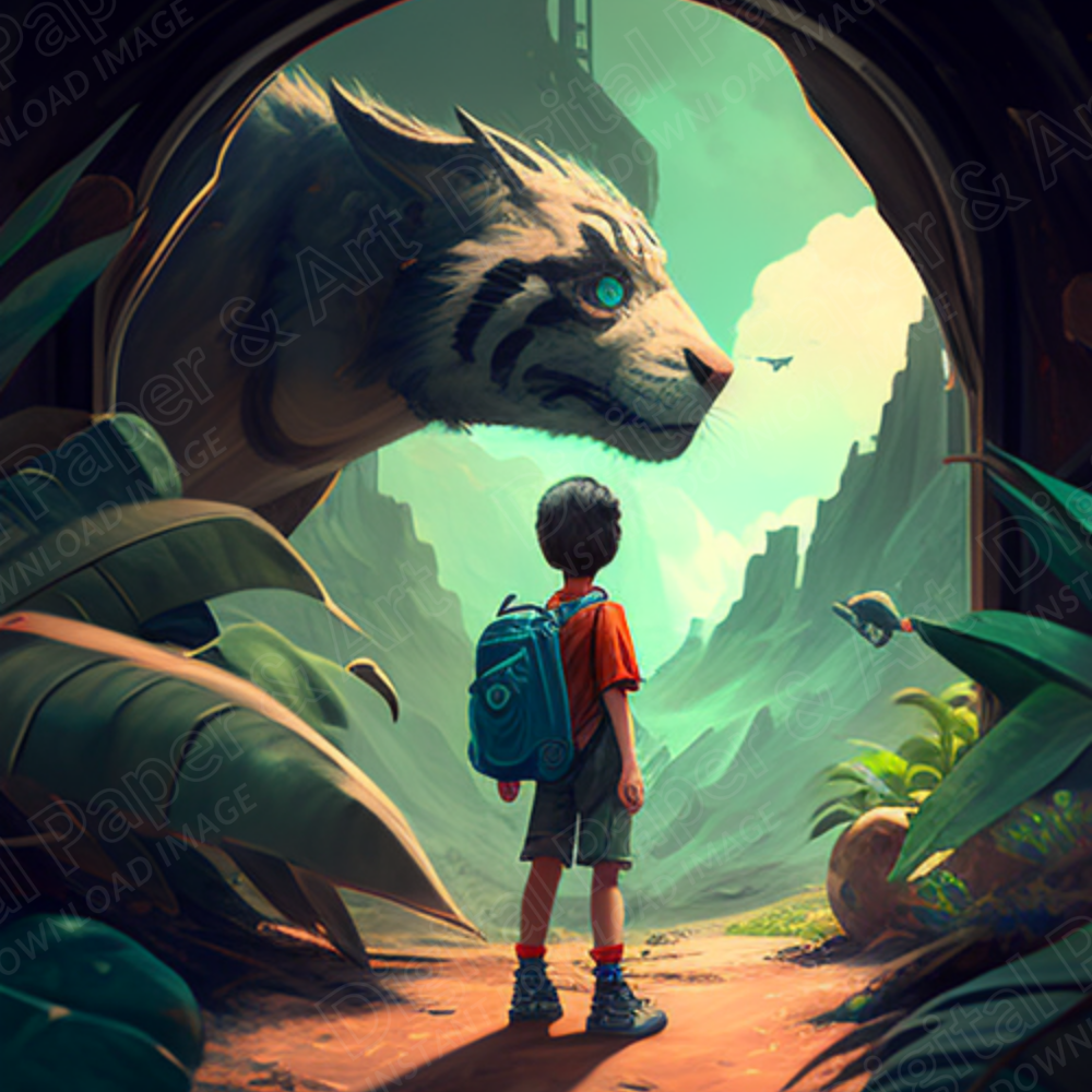 Mythical Jungle Adventure: Boy and Giant Tiger Creature Stock Image