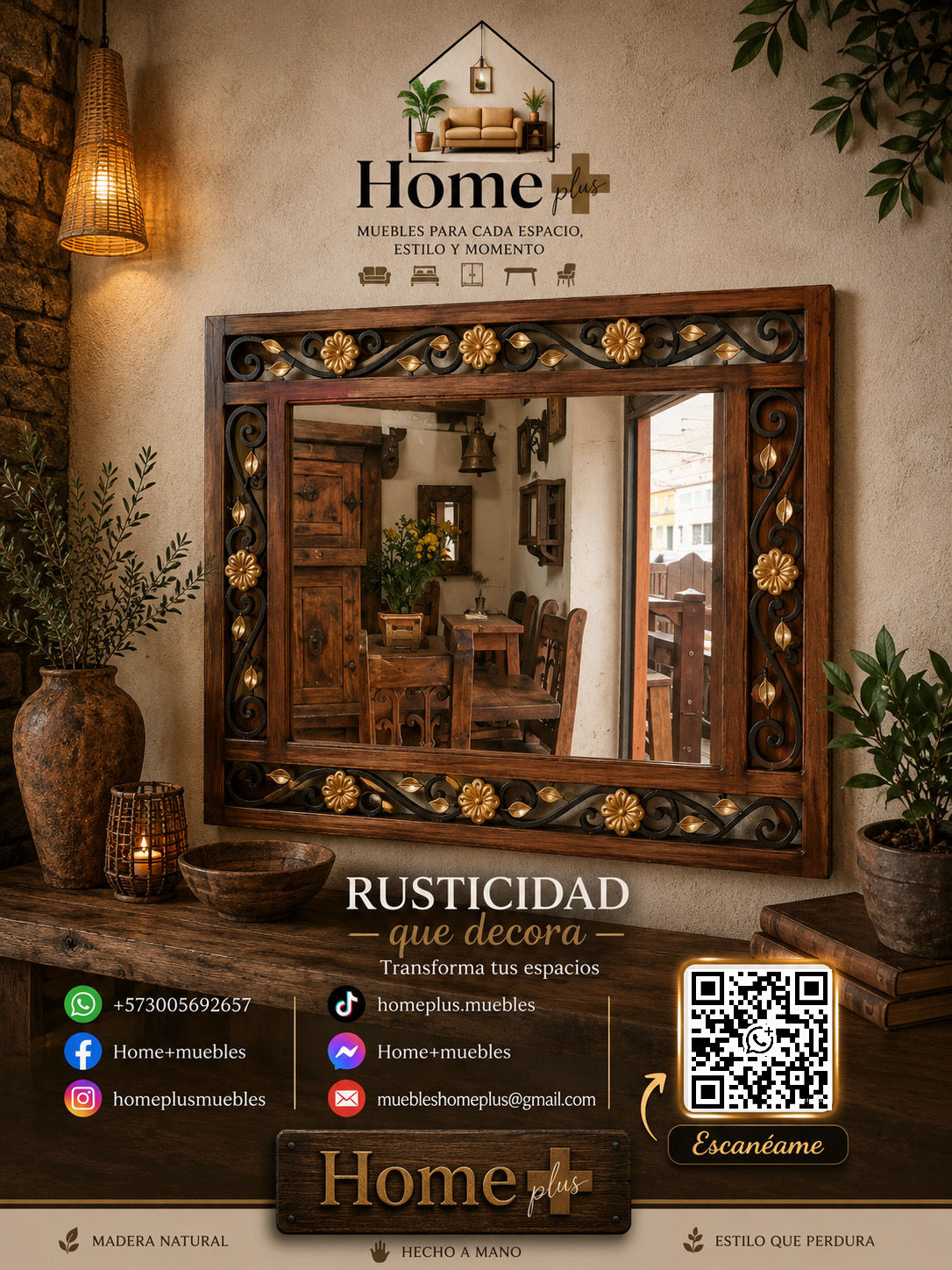 ESPEJO DE MADERA Y FORJA