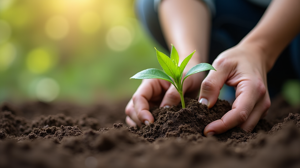 Close-up view of hands planting a small green seedling in soil
