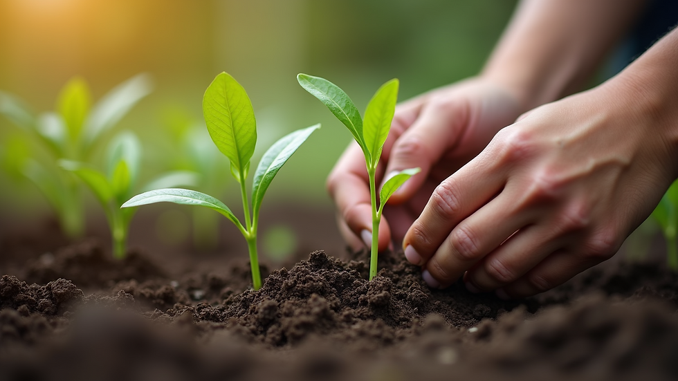 Close-up view of hands planting seeds in soil
