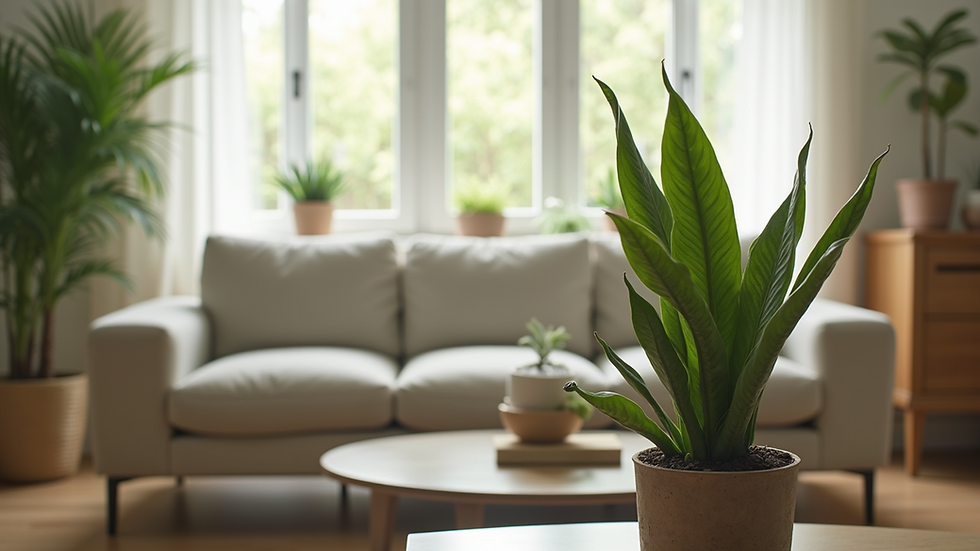 Close-up view of a thriving snake plant in a bright living room