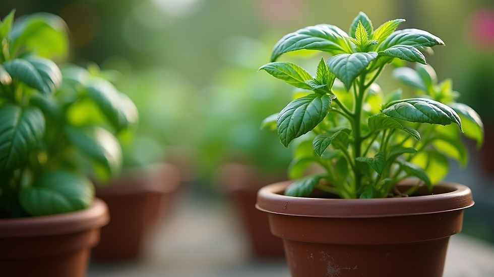Eye-level view of a small herb garden with basil and mint plants in pots
