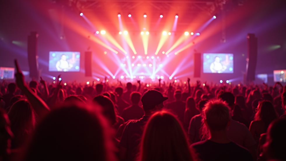 Wide angle view of a vibrant electronic music festival crowd