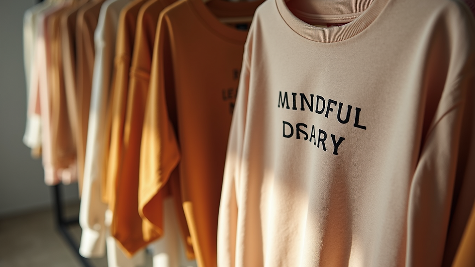 High angle view of a clothing display featuring mindful affirmation wear from a leading brand