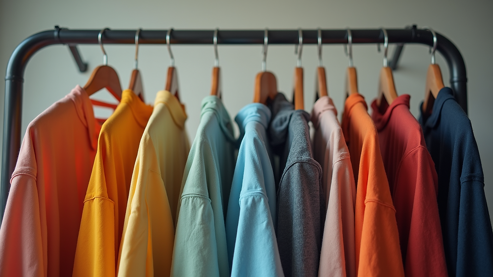 Eye-level view of a clothing rack with colorful mindful affirmation wear
