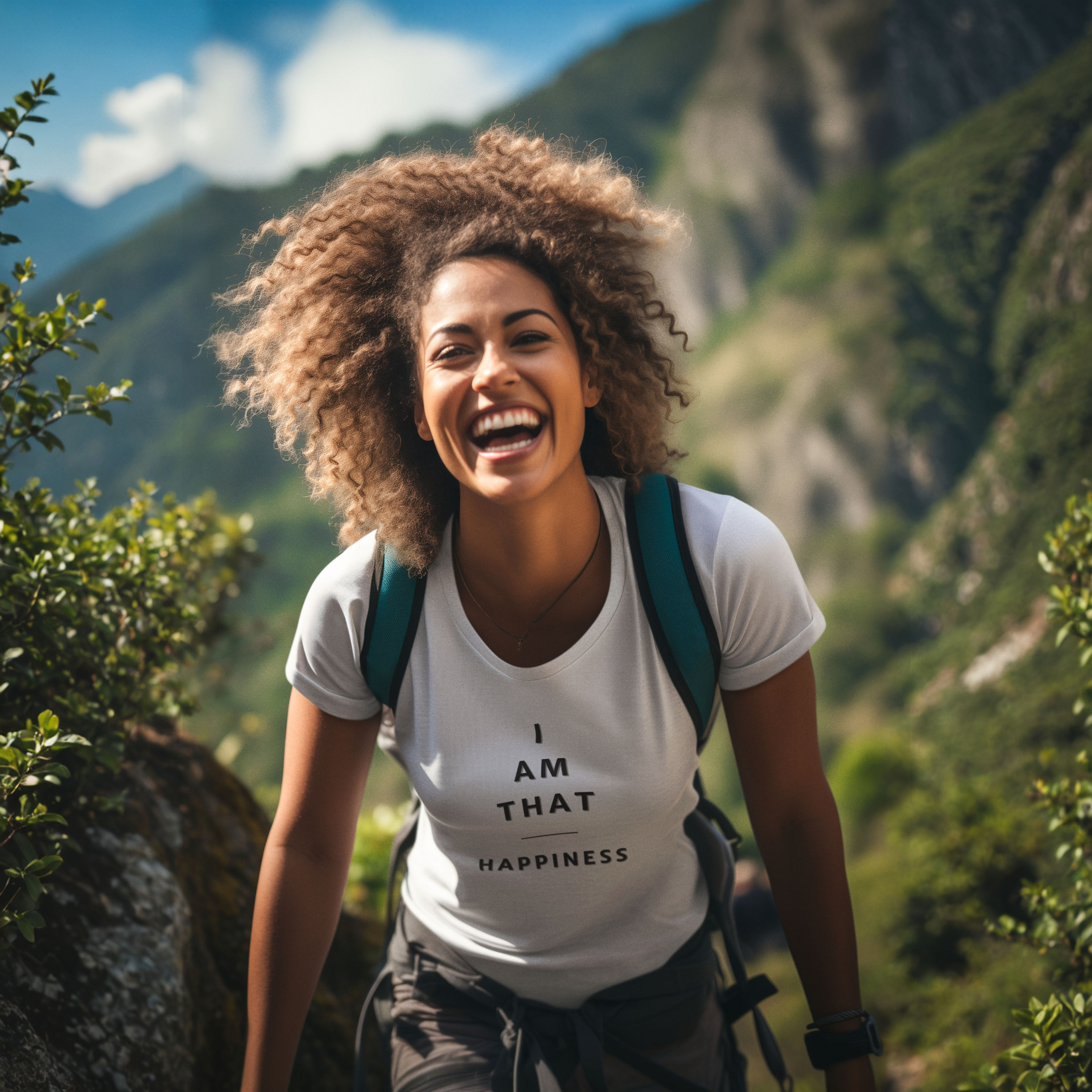 Happy woman in I AM THAT HAPPINESS shirt hiking