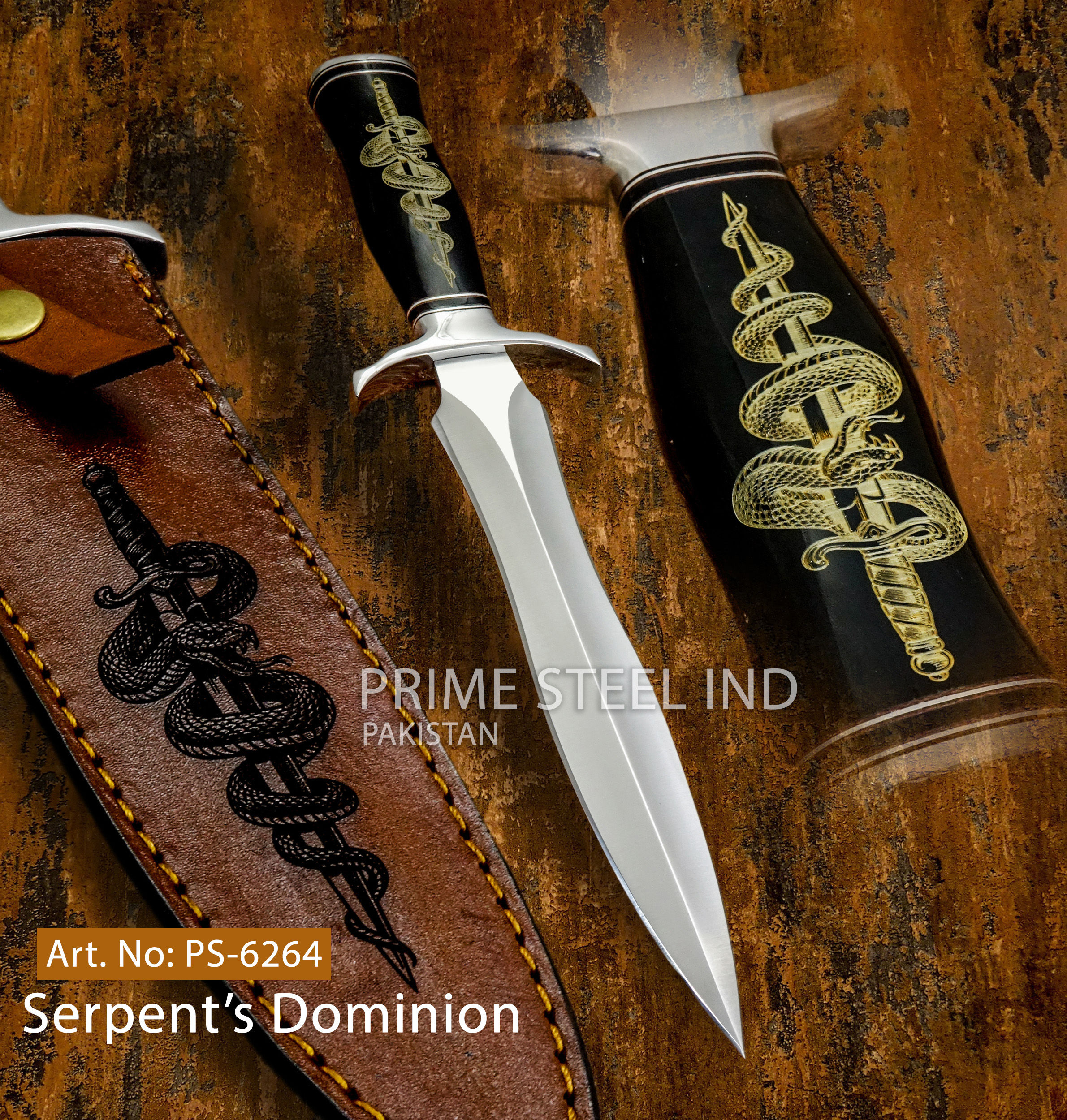 PS-6264 'Serpent’s Dominion' Dagger Knife | Engraved Bull Horn Pakistan