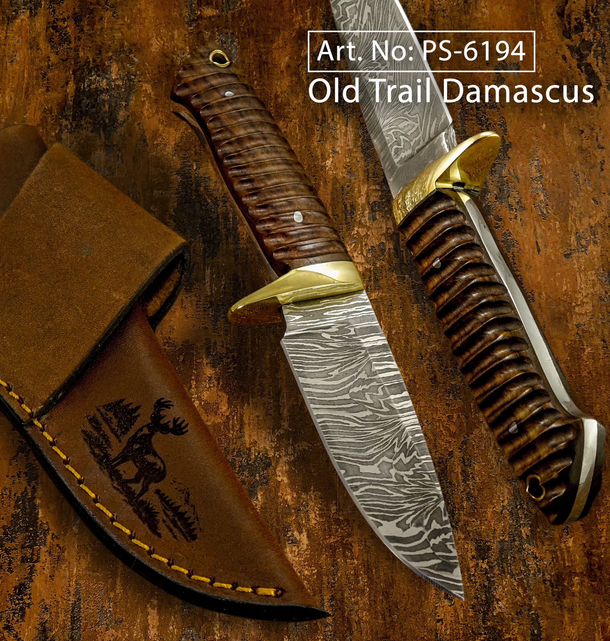 PS-6194, Old Trail Damascus Knife, EDC, Engraved Moose Motif Scene, Pakistan