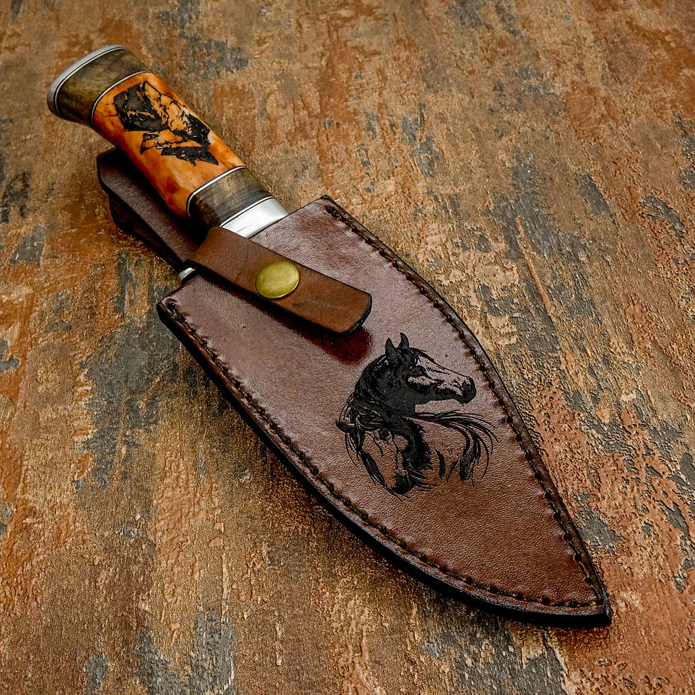 Thumbnail: The leather sheath is engraved with a powerful horse head motif, symbolizing endurance, loyalty, and untamed freedom.