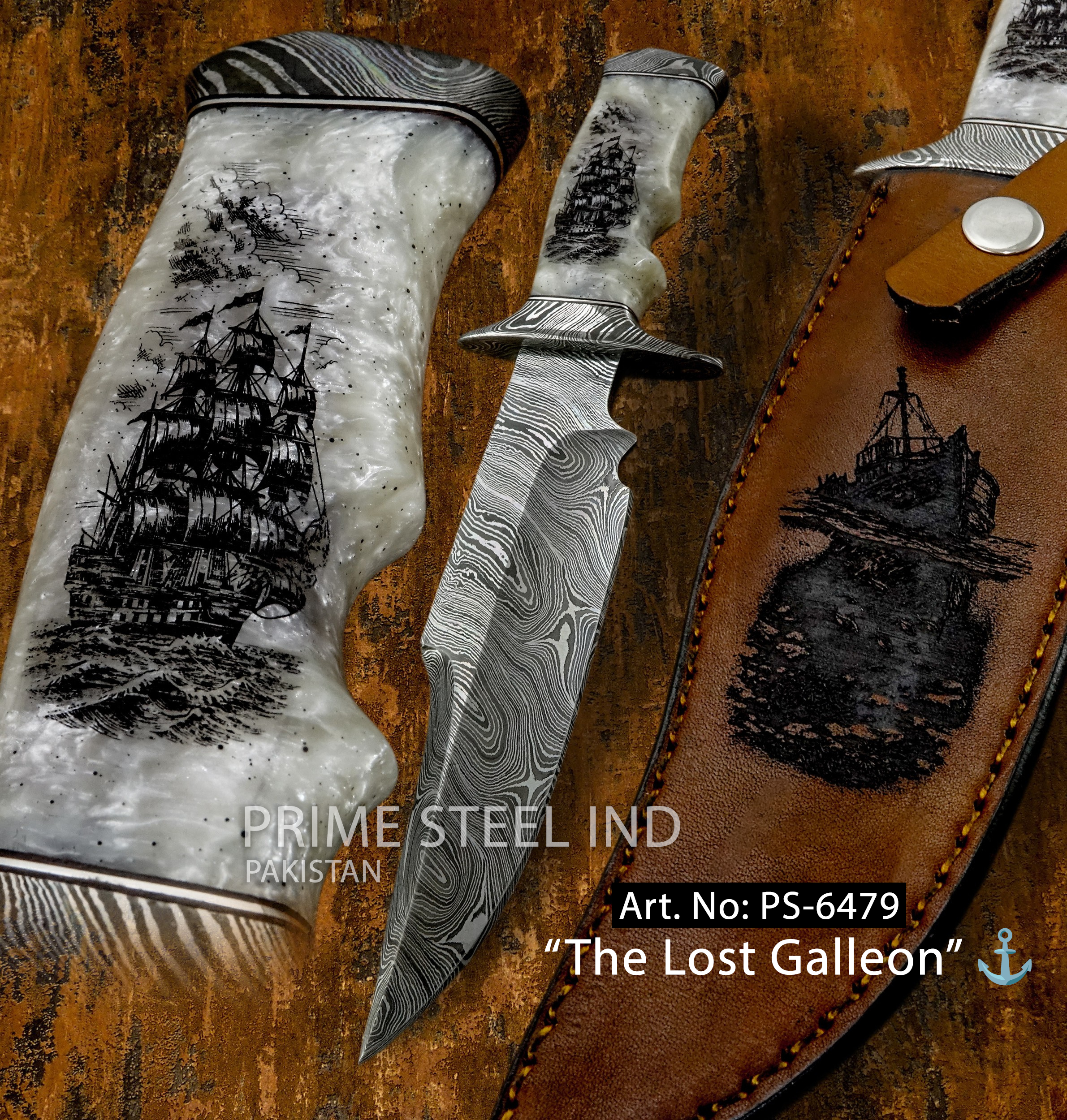 PS-6479 , “The Lost Galleon” ⚓ age-of-sail Damascus knife, Maritime Engraving, Pakistan Knife Supplier