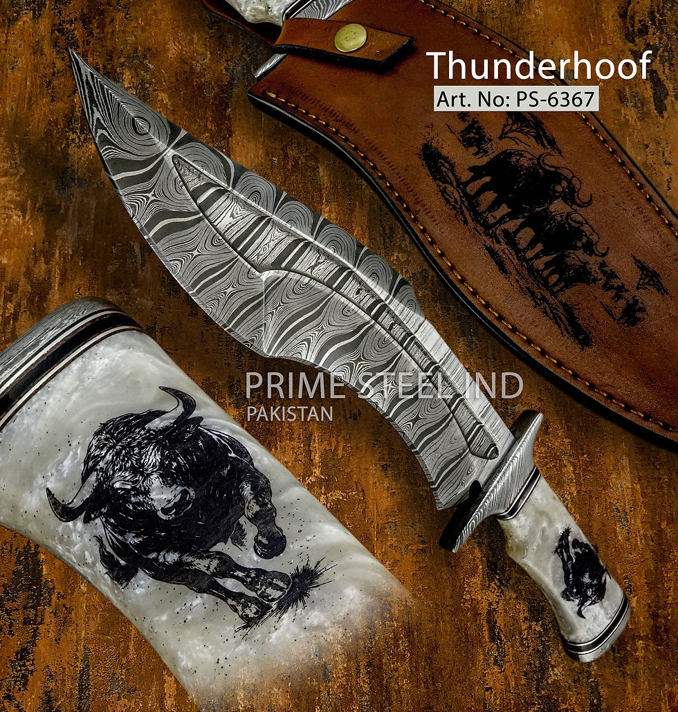 PS-6367 'Thunderhoof' Damascus Bowie | Sculpted Fuller | Engraving, Pakistan Knife