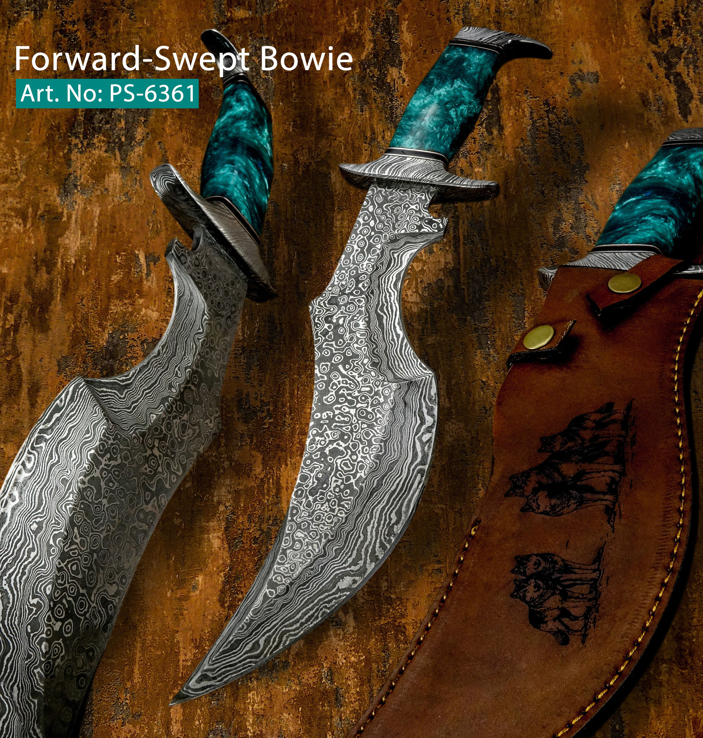 PS-6361 Forward-Swept Damascus Bowie Knife, Arcane Sentinel, Engraved Sheath, Pakistan