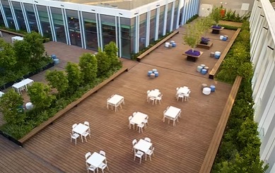 מבט אווירי על גינת הגג של משרדי MAX הכוללת דק עץ רחב, אזורי ישיבה לבנים מפוזרים, אדניות היקפיות עם עצים וצמחייה עשירה, וחזית זכוכית של מבנה משרדים מודרני.