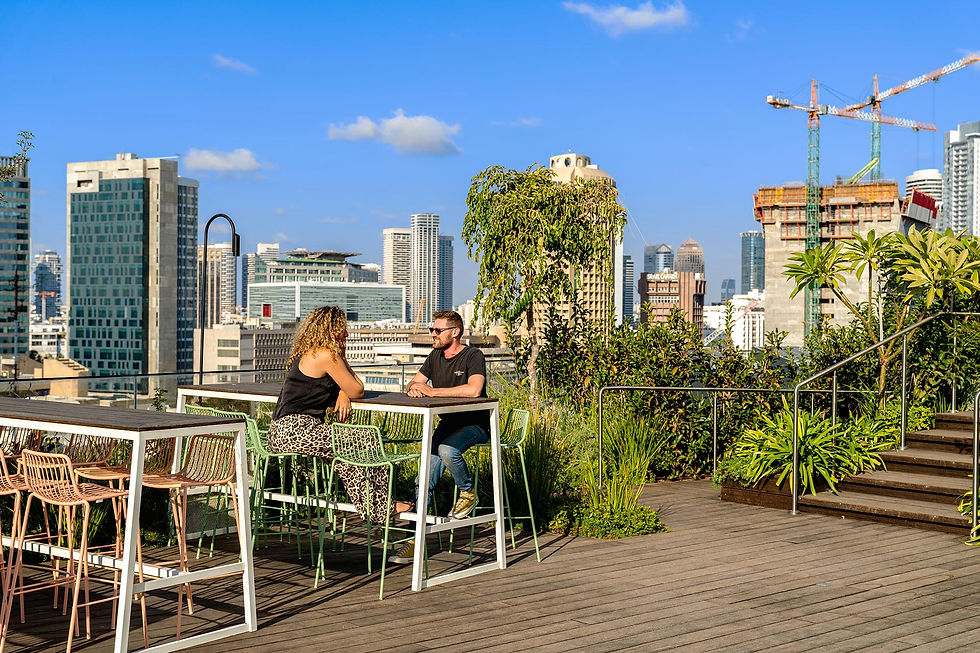 גינת גג אורבנית עם שולחנות בר גבוהים, צמחייה טבעית, נוף גורדי שחקים ואווירת עיר שוקקת.