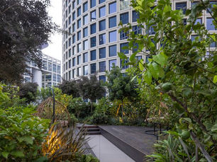 גינת גג מודרנית במתחם משרדים עירוני, עם צמחייה עשירה, שבילי דק ופינות ישיבה אינטימיות בין בנייני משרדים גבוהים