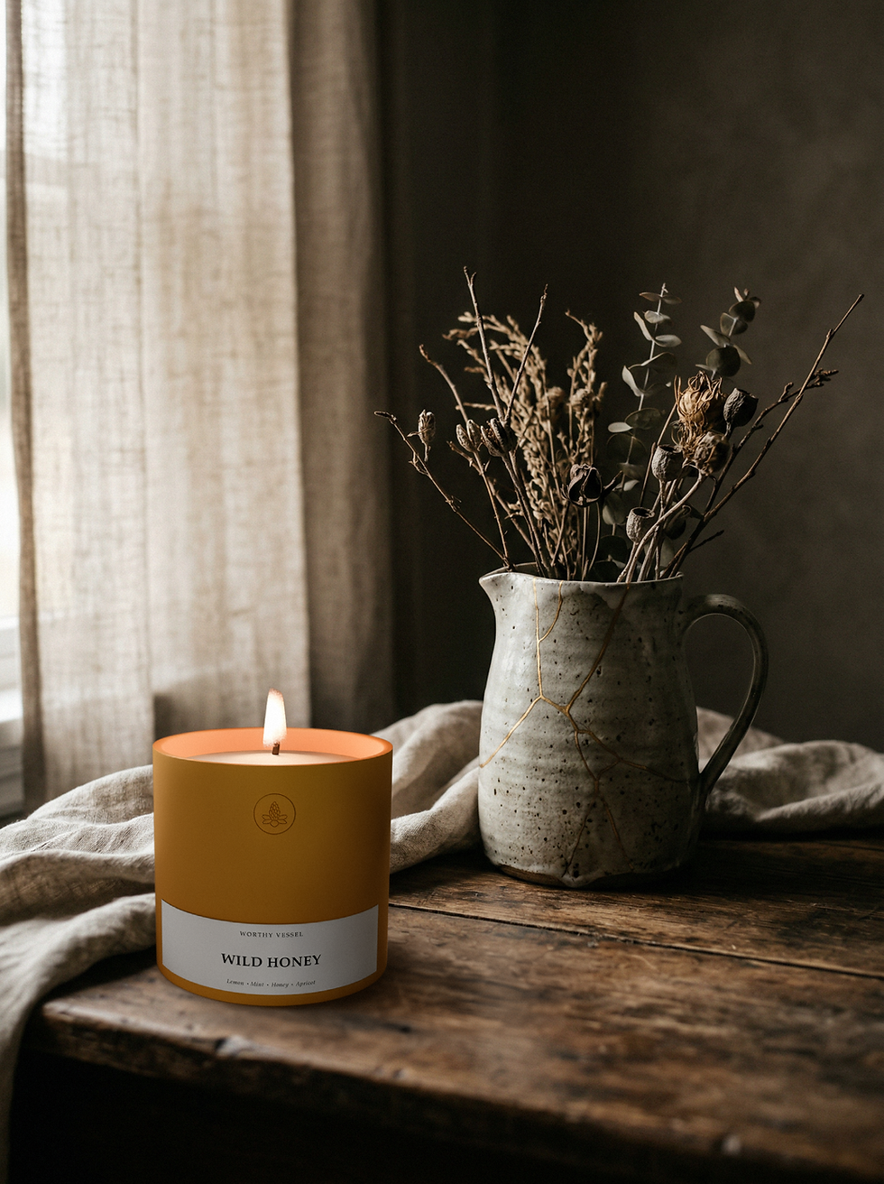Wild Honey candle styled on a rustic wooden table beside a ceramic vase