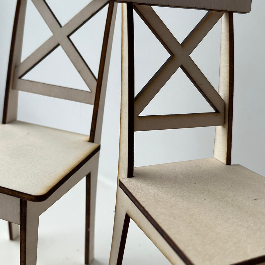 1:6 scale gray miniature wooden chair with X-back design for fashion dolls