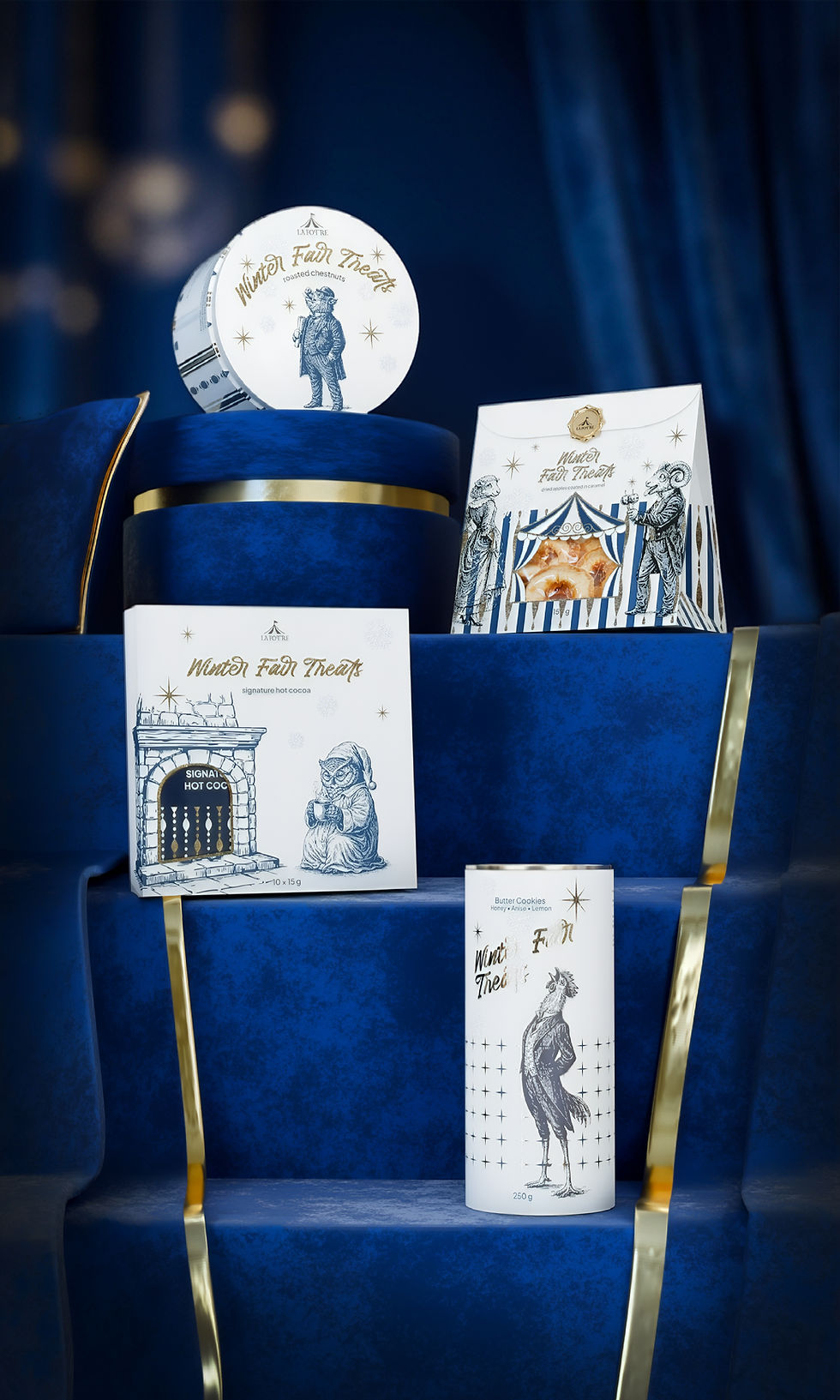 Winter Fair Treats festive food packaging with engraved animal illustrations, arranged on deep blue velvet display steps.