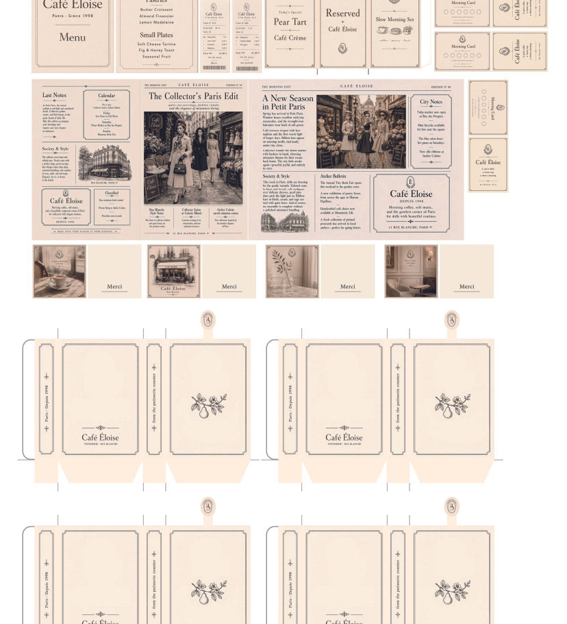 Printable 1:6 scale miniature café set with doll-sized boxes, menu, newspaper, signs and packaging for fashion doll dioramas