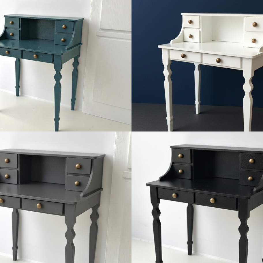 :6 scale miniature vintage writing desk with dark brown wood finish, drawers and brass knobs for fashion dolls