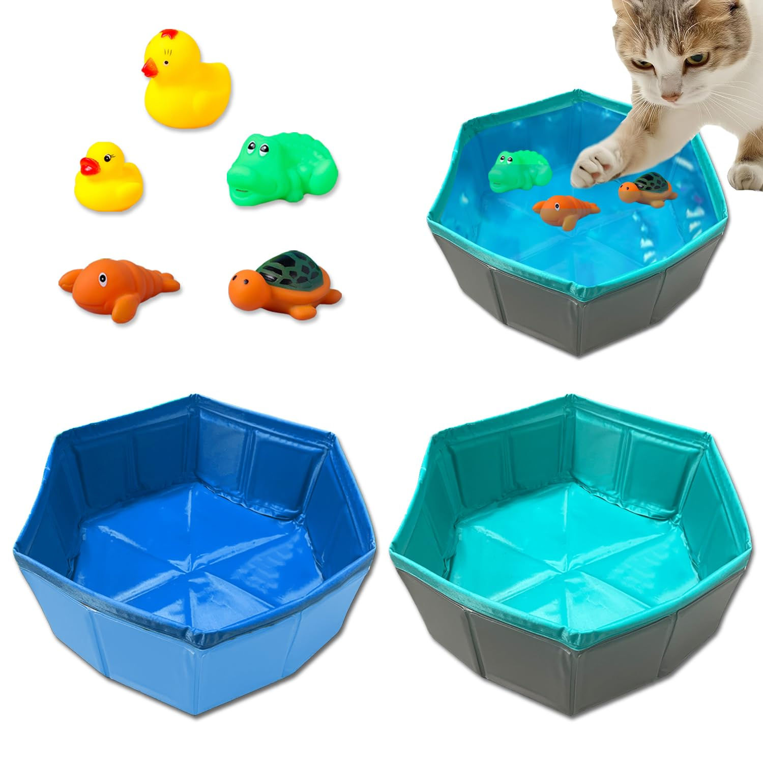 2 pcs Cat Pool Toys with 5 pcs Swimming Toys VEINARDYL Foldable PVC Cat Splash P