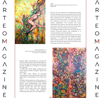 Nasrah Nefer' s Artworks published in ARTEOMAGAZINE No5 August 2024 with Interview . With the Publication date the artworks of all artists were shown on Screen in NY Time Square