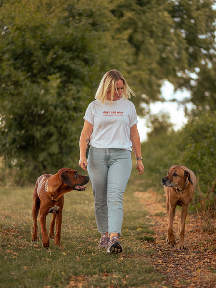 Caro mit ihren zwei Rhodesian Ridgebacks beim Spaziergang in Uhingen - Wolf's Instinkte - Deine Hundeschule