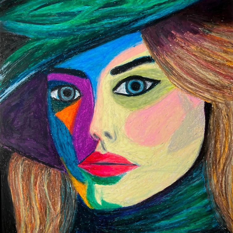 vrouw met hoed, fauvisme, oil pastel
