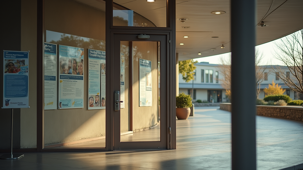 Eye-level view of community center entrance with informational posters