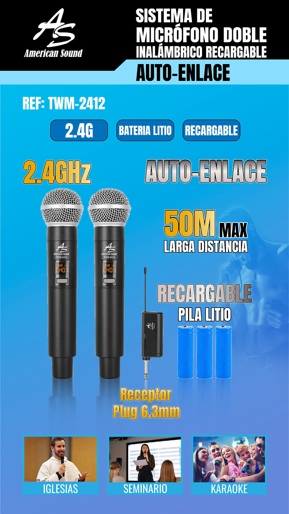 Miniatura: TWM-2412 - Micrófono Inalámbrico 2.4G, 2 Micrófonos de Mano, Receptor plug 6.3mm
