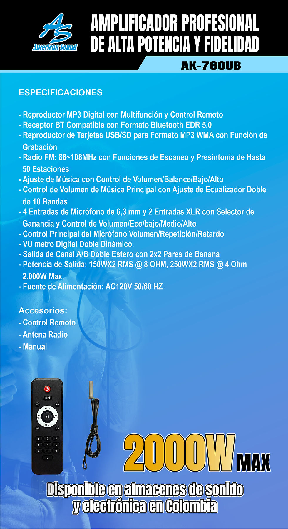 Miniatura: AK-780UB - Amplificador Mixer Stereo Digital-2000W Max -Hi-Fi Sound