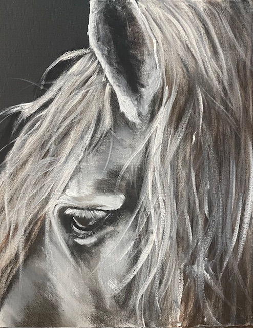 Close-up of a white horse's eye, with detailed fur highlighting, art by kimberlybagleystudio