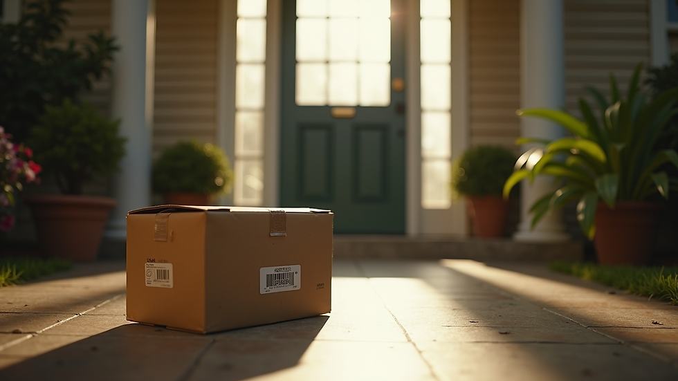 Eye-level view of a cannabis delivery package on a doorstep