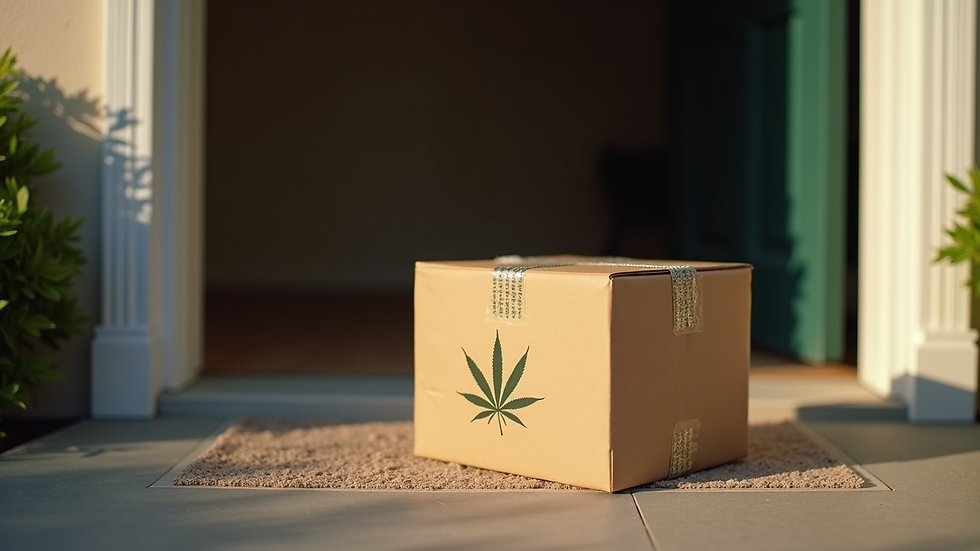 Close-up view of a cannabis delivery package on a doorstep