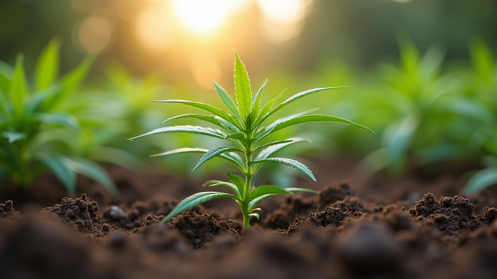 Eye-level view of a cannabis plant growing outdoors in fertile soil
