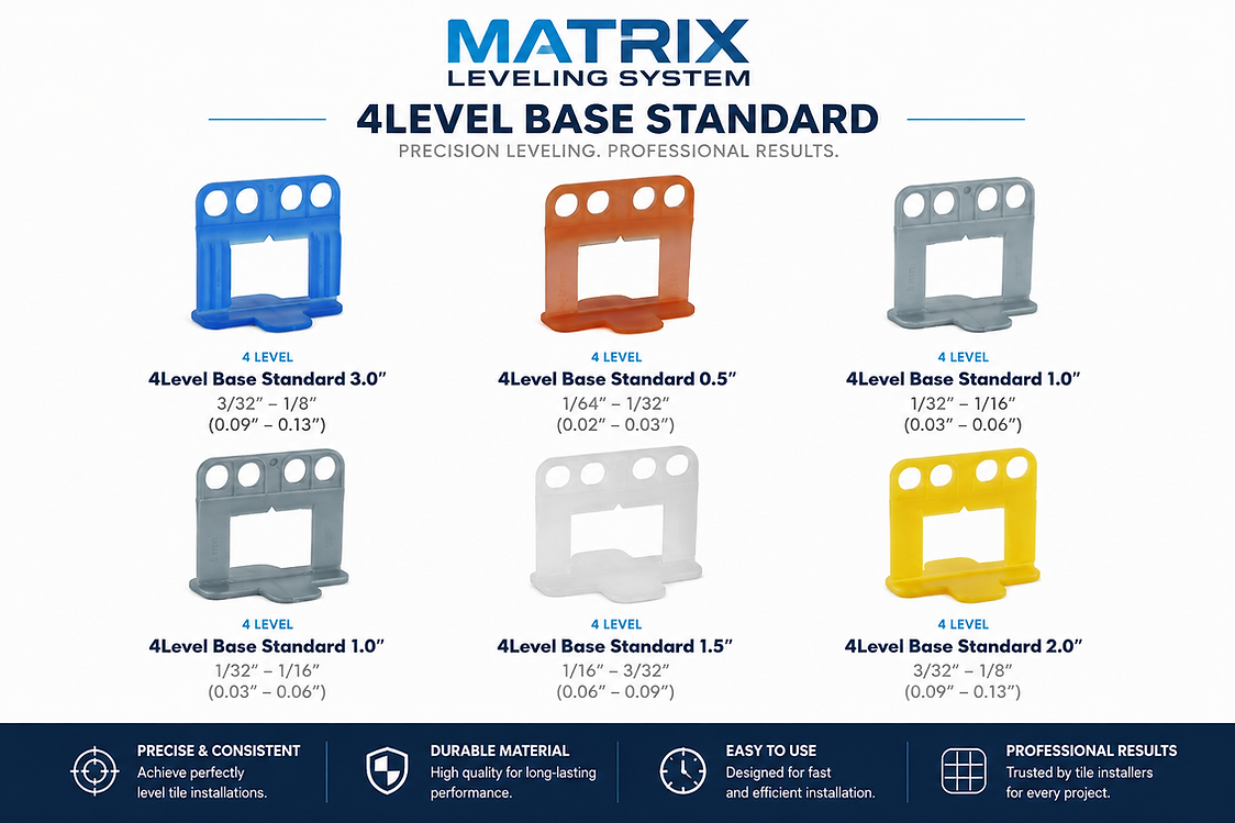 Matrix tile leveling clips available in multiple sizes for different tile thicknesses