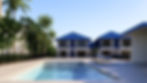 Digital rendering of pool area at Shalimar Beach Resort with villas, palm trees, and lounge chairs