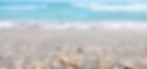 Close view of beach shore with turquoise water and sand with shells in foreground