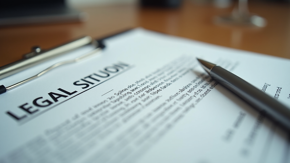 Eye-level view of a legal document and pen on a wooden desk