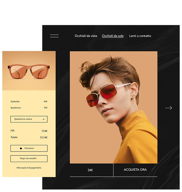 Negozio online che vende occhiali con pagina prodotto e carrello personalizzabile.