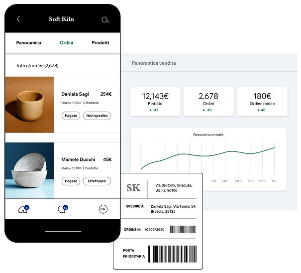 Sito ecommerce di ceramiche con pannello di controllo del negozio mobile, etichetta di spedizione e panoramica delle vendite del negozio.
