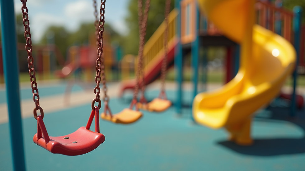 Close-up view of a colorful playground with swings and slides
