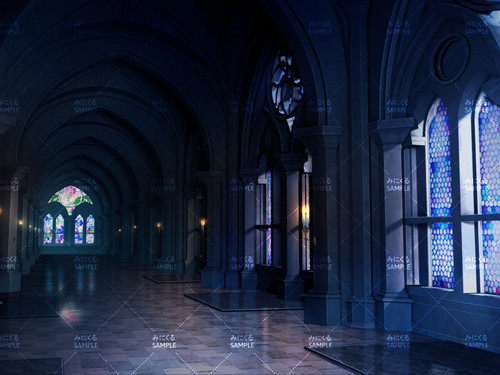 教会の廊下①ステンドグラス(夜) - ファンタジー編02 | 背景素材店みにくる