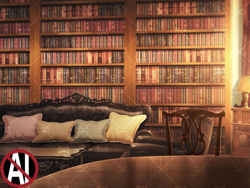 本棚のある部屋+テーブル(夕方) - お部屋編01