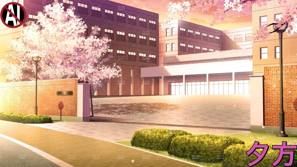 単品：桜舞う校門前(夕方) - 桜舞う学園01