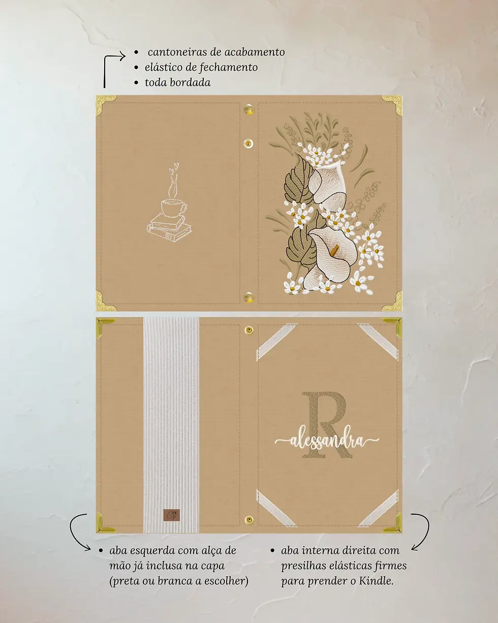 Miniatura: Capa para Kindle em tecido com bordado de flores copo-de-leite e proteção artesanal.